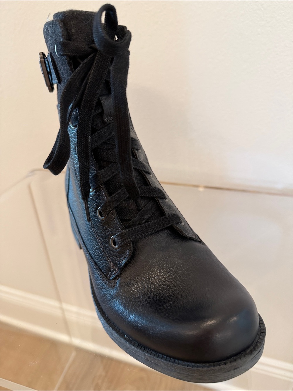 Earth Origins Black Leather Lace-Up Combat Boots with Side Buckle - Picture 2 of 11